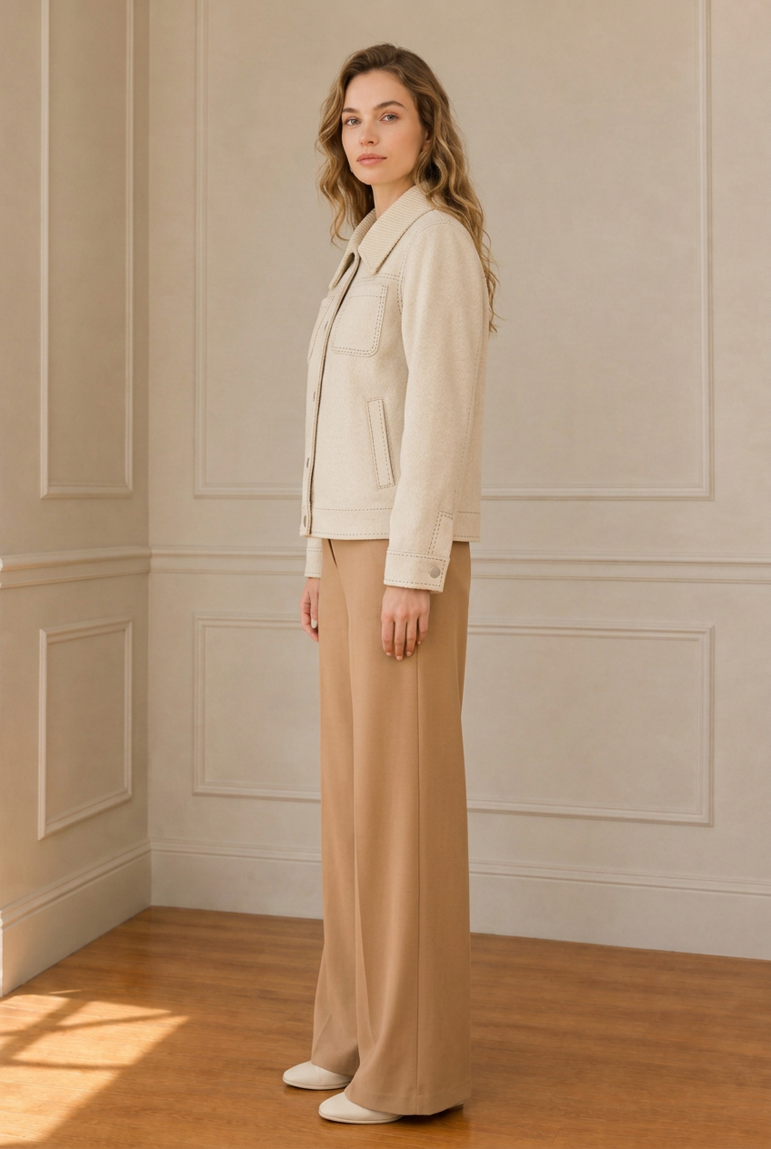 Vista lateral con la chaqueta beige y el pantalón camel