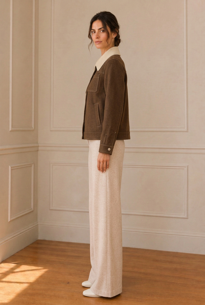 Vista lateral de la chaqueta marrón con pantalón camel