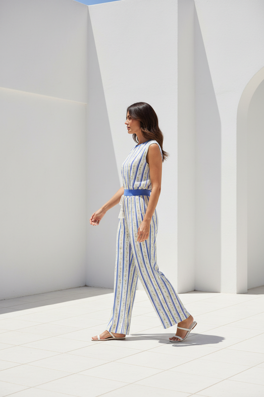 Pantalón palazzo de rayas azul y amarillo