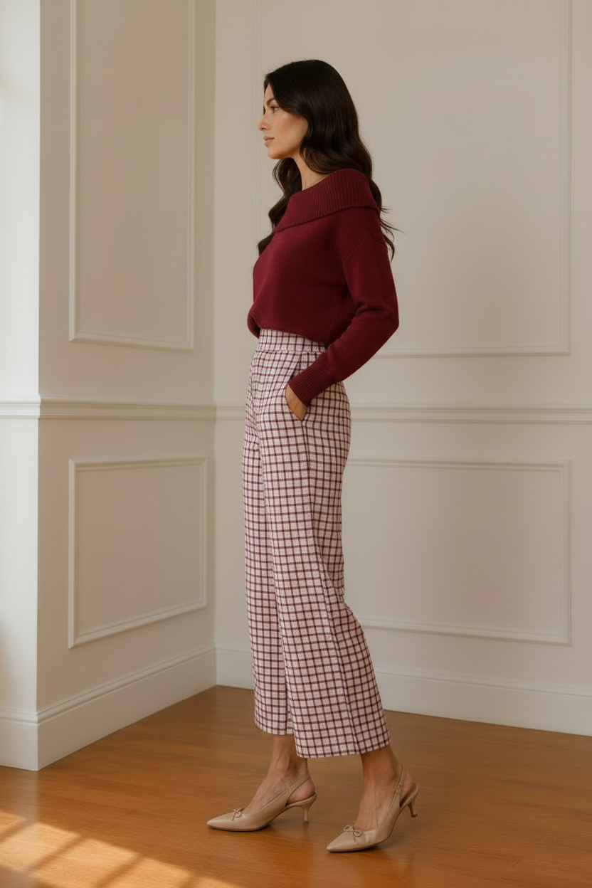 Vista lateral jersey granate pantalón vichy