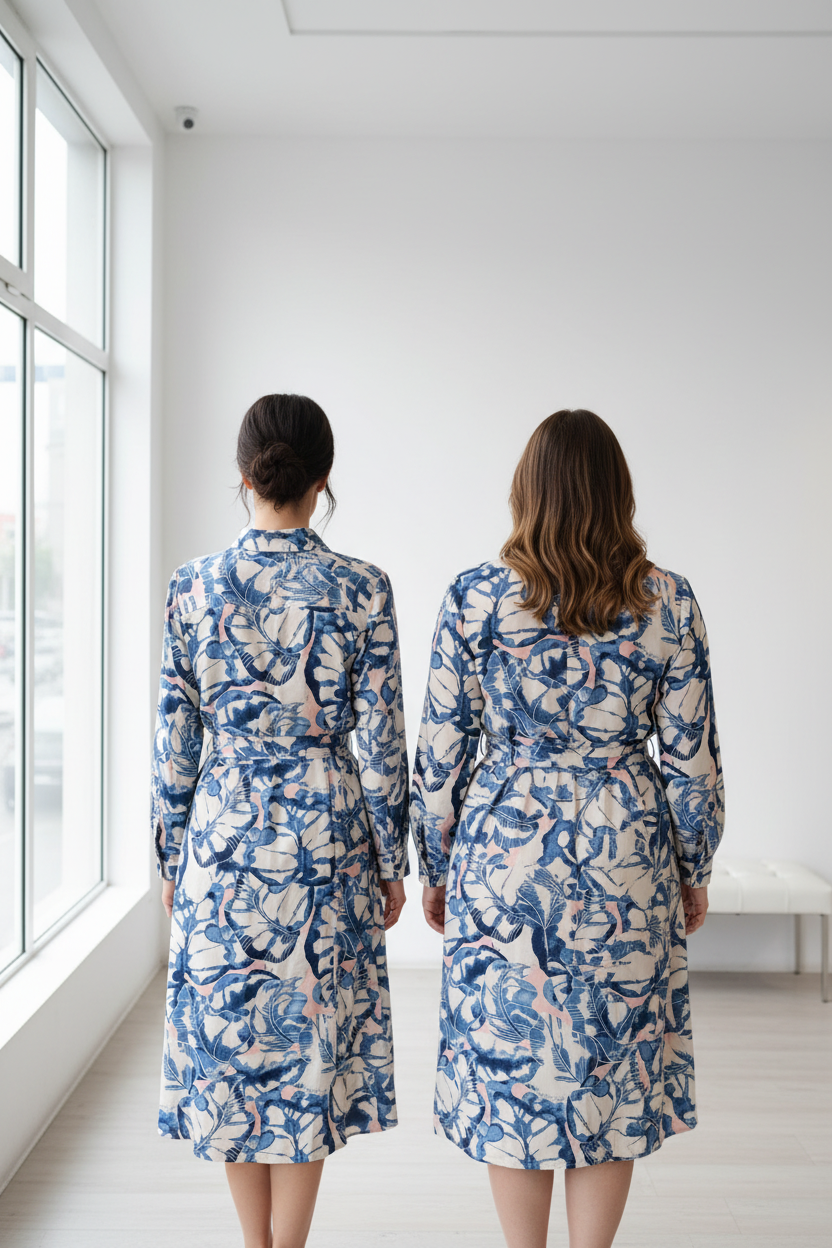 Vestido camisero manga larga estampado floral azul Vista trasera con modelos