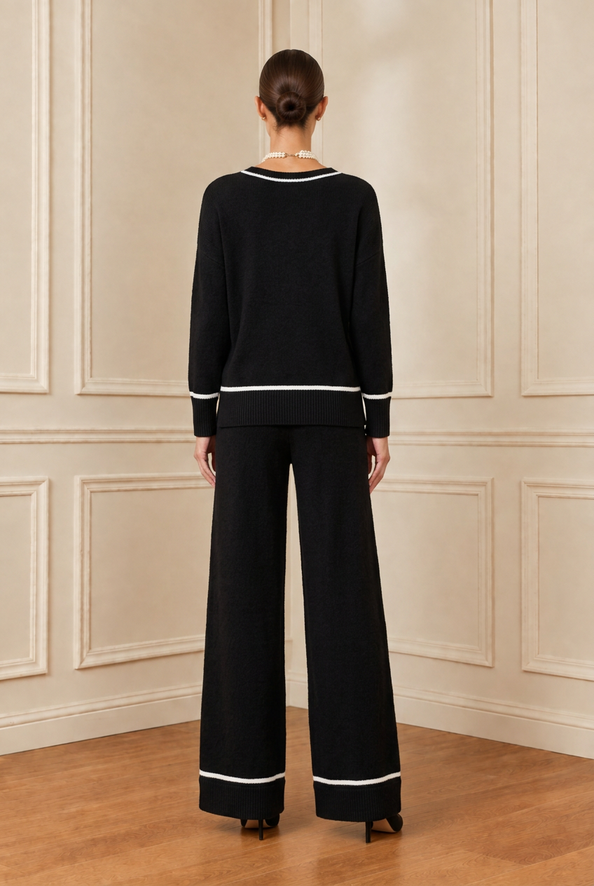 Vista trasera del conjunto negro con líneas blancas