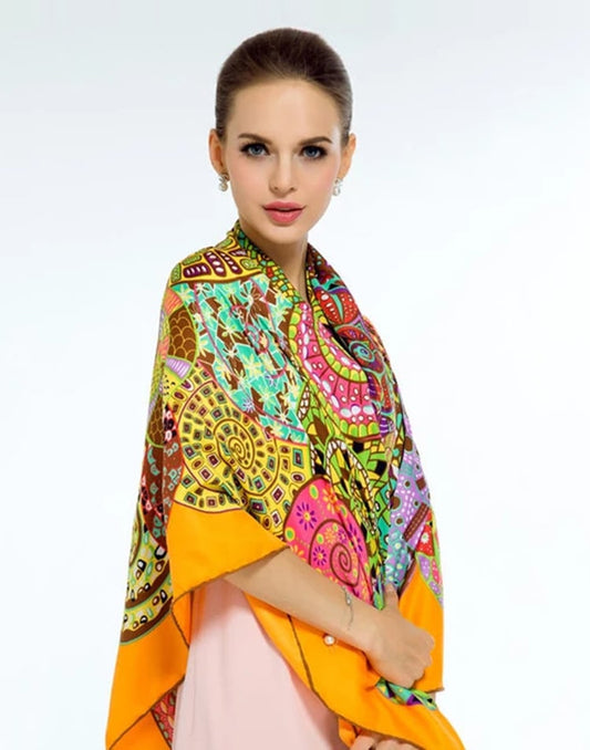 Pañuelo de seda circulos colores amarillo muestrarios tienda de ropa de mujer y accesorios de moda de mujer