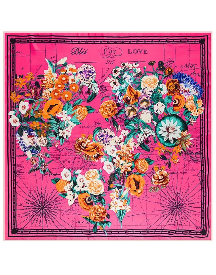 Pañuelo de seda mapa mundi de flores fucsia muestrarios tienda de ropa de mujer y accesorios de moda de mujer 