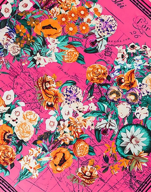 Pañuelo de seda mapa mundi de flores fucsia muestrarios tienda de ropa de mujer y accesorios de moda de mujer 