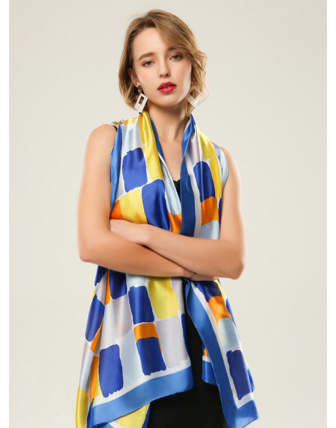 Foulard grande vaporoso de seda rectángulos azul muestrarios de moda mujer