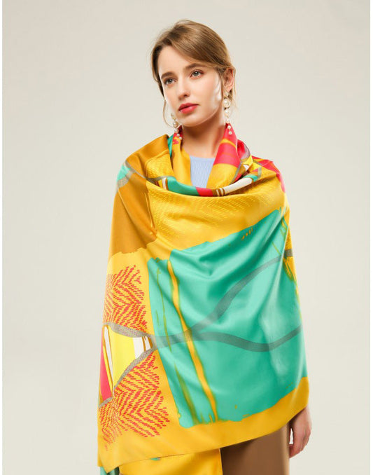 pañuelo rectangular seda trazos colores verdes y amarillos muestrarios